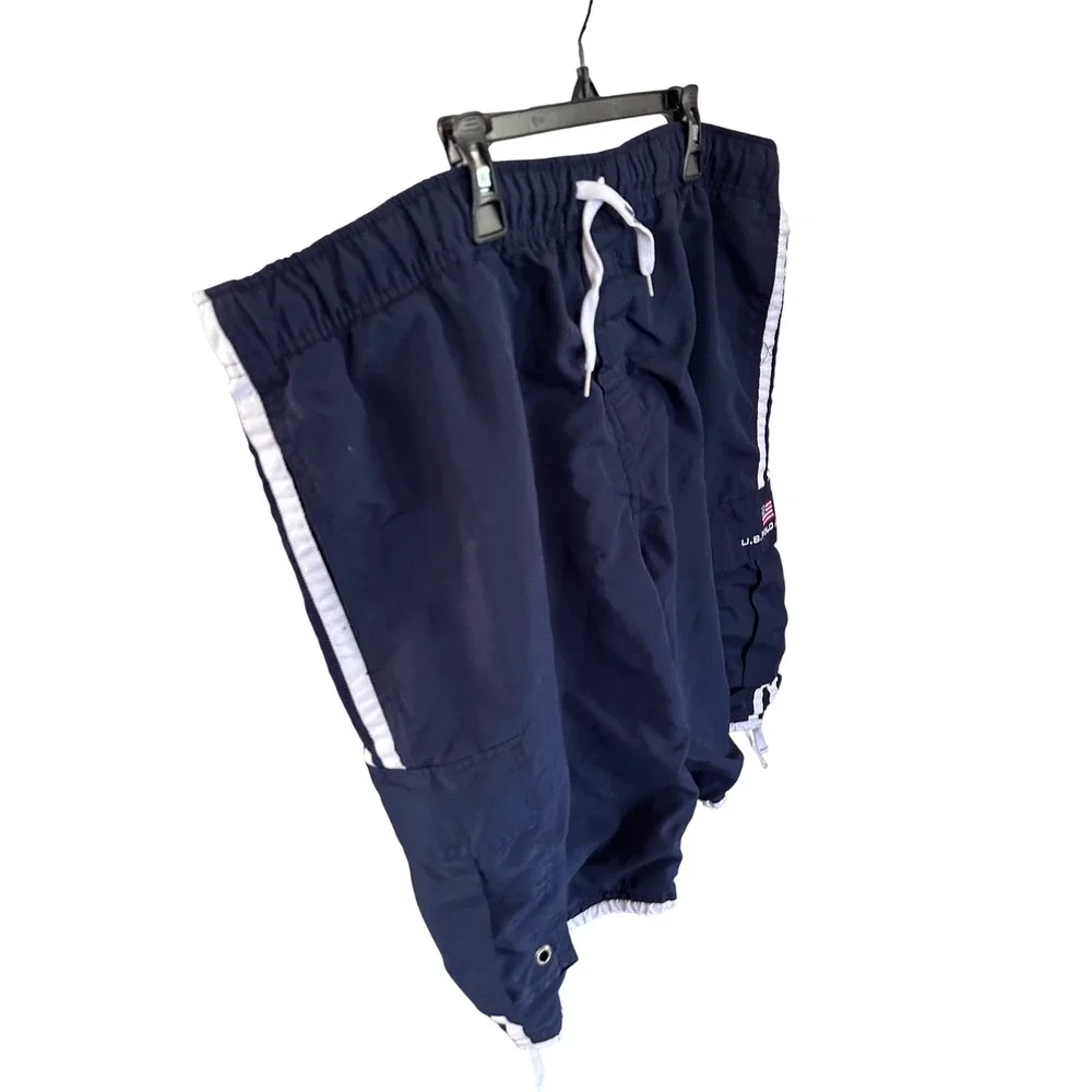U.S. Polo Assn Swim Trunks Navy Blue White Stripe Cargo Pocket‎ Mens Large